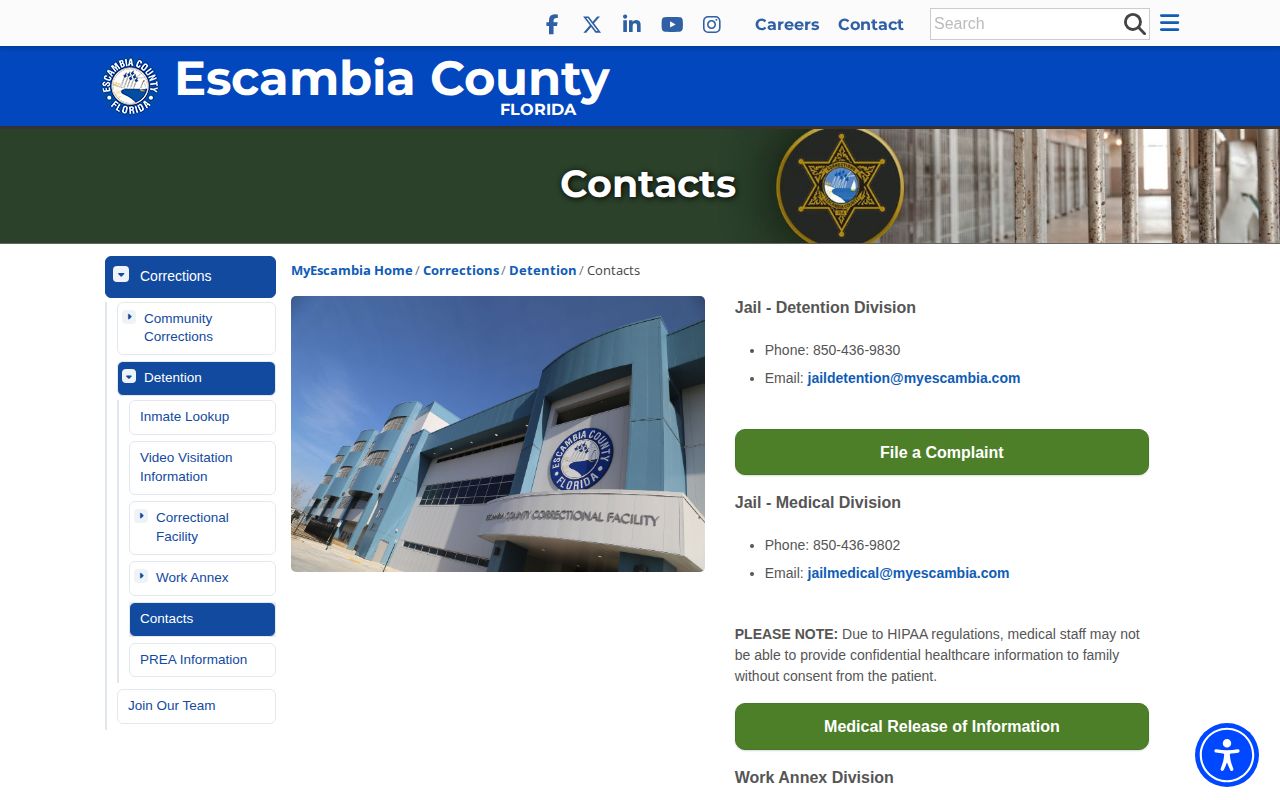 Escambia County Work Release Center release contact directory status