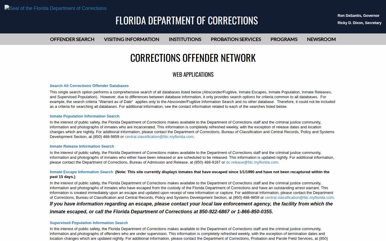 Escambia County parole and probation search menu