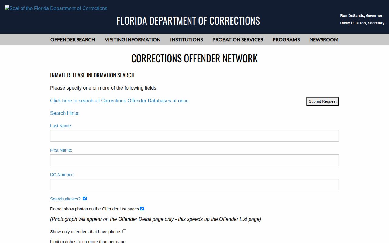Florida corrections release search for Escambia County inmates