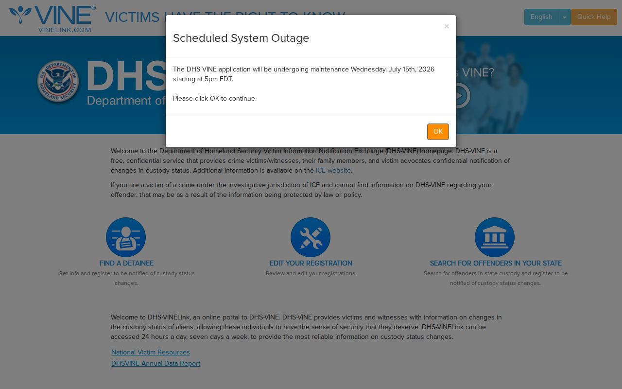 DHS-VINE service separate from Escambia County Florida VINELink