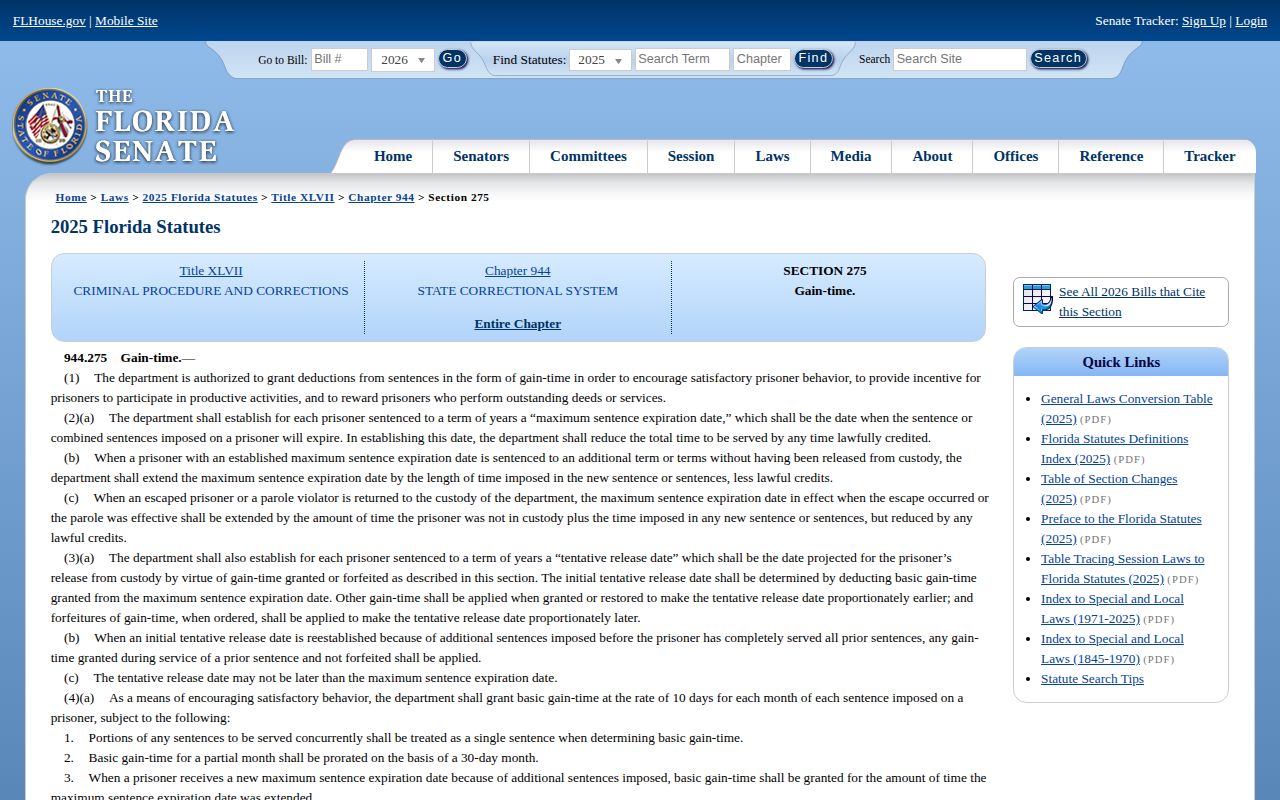 Florida statute for Escambia County projected release dates and gain time